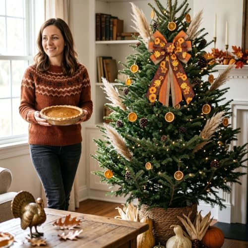 Large Thanksgiving Fall Wreath Bow, Orange Floral Tree Topper Bows - Image 4