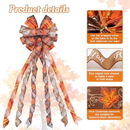 Large Fall Tree Topper Bow 52"x13", Pre-Tied Thanksgiving Ribbon for Wreath - Image 3