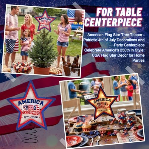 Lighted 4th of July Star Tree Topper, LED USA 250th Anniversary Wooden Patriotic Star Treetop Decoration, Battery Operated American Flag Star for Christmas Tree Independence Day Party Decor - Image 3