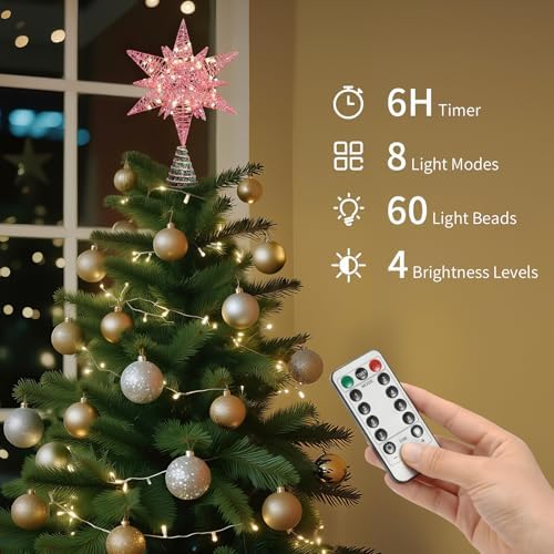 Lewondr Christmas Star Tree Topper, 14.6" Lighted Glitter 3D Star Treetop - Image 2
