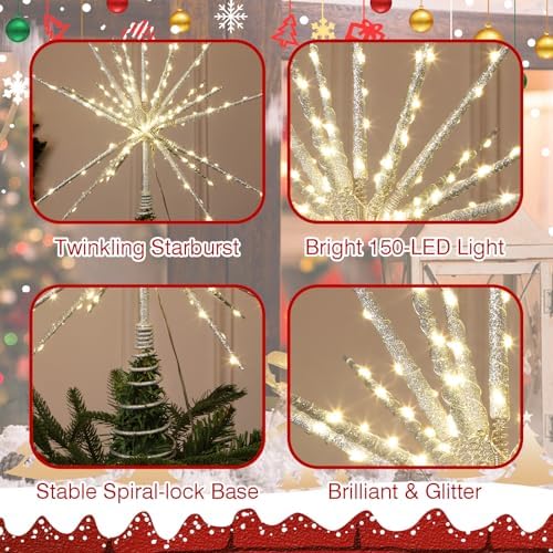 HMASYO 15 Inch Twinkling Starburst Christmas Tree Star Topper, 19-Point Silver Star Tree Topper with 150 LED, Remote Control & Timer, USB Power for Indoor Home Holiday Party Xmas Tree Decoration - Image 5