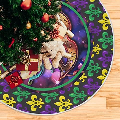 Mardi Gras Fleur de Lis Christmas Tree Skirt Decorations Masquerade Party Mask Beads Confetti Feather Xmas Tree Mat 48 inch for Holiday Party Supplies Rustic Ornaments Large Tree Skirt - Image 5