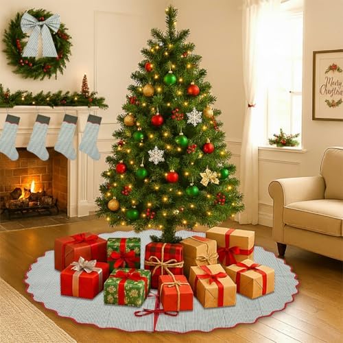 Ridhi Green Stripe & Red Block Print Cotton Christmas Tree Skirt 40 Inch - Image 5