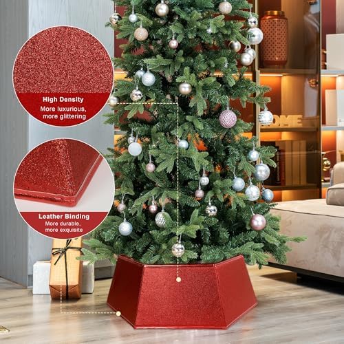 Blissun Fabric Christmas Tree Collar - Hexagonal Ring, Glittering Willow Skirt for Tree Decorations (Glitter Red) - Image 3