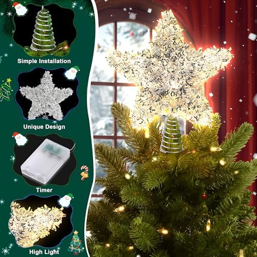 LAWOHO Christmas Tree Topper Star, Exquisite Christmas Decor, 10 Inch Shiny Silver Christmas Tree Decoration with 6H Timer, 20 Warm LED Lights for Xmas Tree, Holiday & Party, Indoor Decor - Image 2