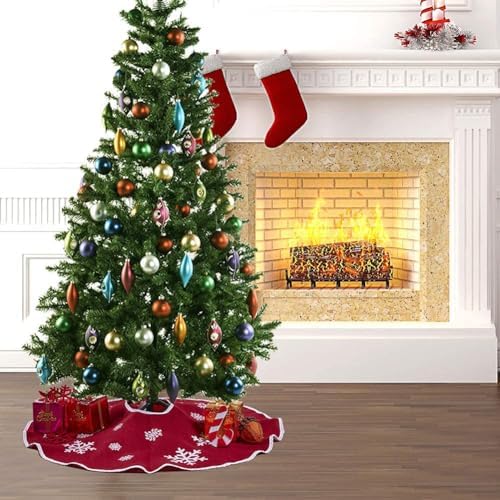 30 Inch Red Burlap Christmas Tree Skirt with White Snowflakes - Image 4