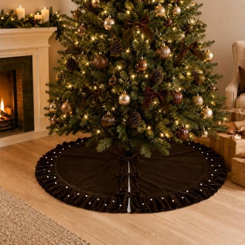 Christmas Tree Skirt, Dark Brown Velvet with Ruffled Pearl Trim, 48 Inch - Image 2