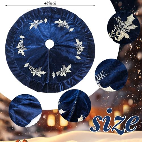 48 Inches Velvet Christmas Tree Skirt Blue with Gold Embroidered Holly Fur Plush Tree Skirt Luxury Xmas Skirts for Merry Christmas Party Vintage Holiday Decorations - Image 2