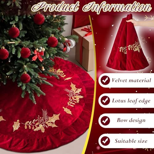 48 inches Velvet Christmas Tree Skirt Red Wine Gold Fur Plush Tree Skirt Luxury Xmas Skirts for Merry Christmas Party Vintage Holiday Decorations(Red with Gold Embroidered Holly) - Image 3