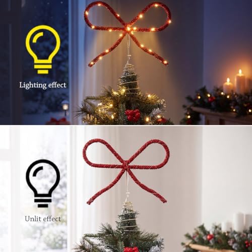 Retisee 9.8 Inch Bow Christmas Tree Topper LED Rhinestone Decor, Red - Image 4