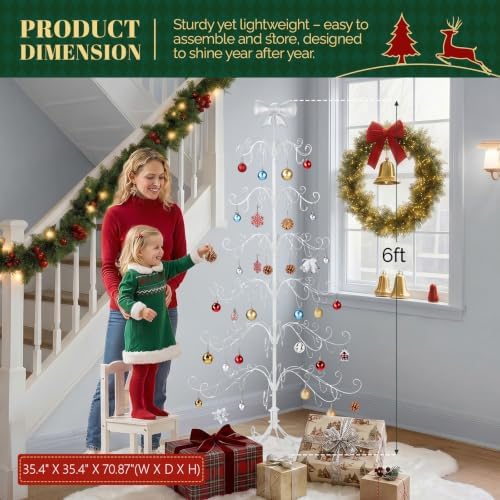 VINGLI 6ft Metal Christmas Ornament Tree Stand w/Bow Topper, 192 Branches, Decorative Iron Display Tree for Hanging Ornaments, Wrought Iron Christmas Tree Decoration for Holiday Home Decor, White - Image 7