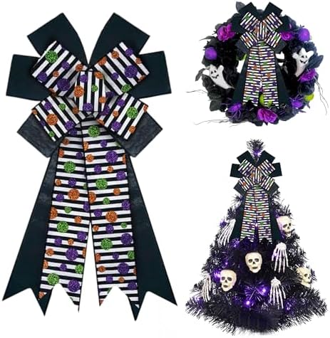 Large Halloween Tree Topper Bow, Black Stripe Glitter Dot Wreath Bow by HIENAJ