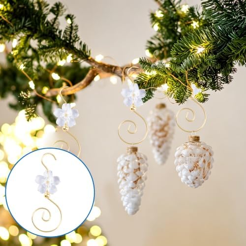 INCREWAY 30PCS Christmas Ornament Hooks with Cherry Blossom Bead, S-Shaped Decorative Hangers Gold Metal Wire Transparent Acrylic Beads for Christmas Tree Decorations Party Crafts Door Frame - Image 6