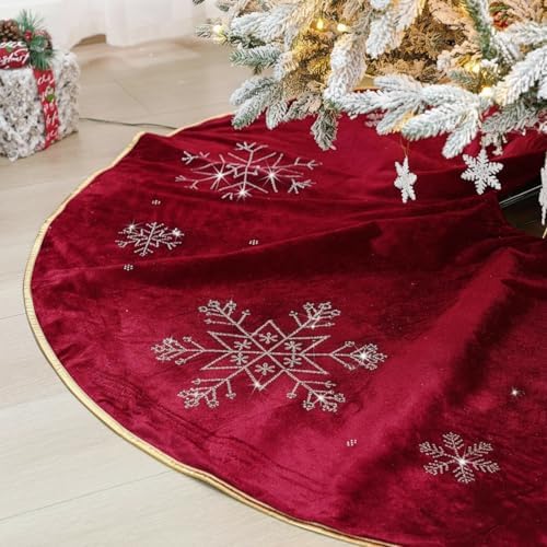 Burgundy Velvet Tree Skirt 48 Inch, Gold Snowflake Rhinestone by Vertintong