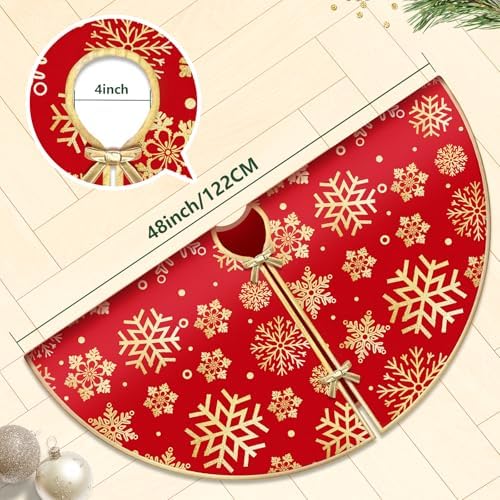 DeckTheHalls 48 Inch Christmas Tree Skirt, Snowflake Round Red Tree Skirt - Image 2