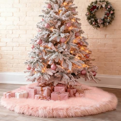yuboo Salmon Pink Christmas Tree Skirt 48 inches, Fuzzy Fur Pastel Tree Skirt Rug Pink Christmas Decor for Slim Pencil Tree and 6-7 FT Christmas Trees by yuboohomedecorations