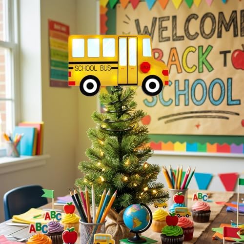 7.9 x 7.9 Inch Wooden School Bus Lighted Back to School Tree Topper - Image 3