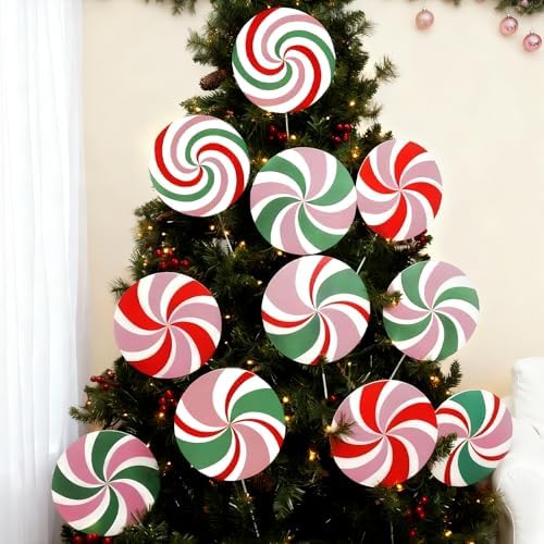 12Pcs Large Candy Christmas Tree Decorations Peppermint Lollipop Christmas Picks for Tree, 7.87" Pink and Red Candy Ornaments, Plastic Candyland Tree Topper for Xmas Holiday Party Vase Decor by VABAMNA