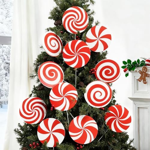 12Pcs Large Candy Christmas Tree Decorations Peppermint Lollipop Christmas Picks for Tree, 7.87" Red and White Candy Ornaments, Plastic Candyland Tree Topper for Xmas Holiday Party Vase Decor by VABAMNA