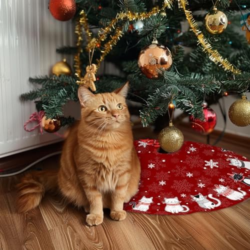 Cats Christmas Tree Skirt 48 Inch Red Xmas Tree Skirt Snowflakes Tree Mat Decorations for Winter Holiday Party Home Decor Indoor Outdoor Ornaments - Image 5