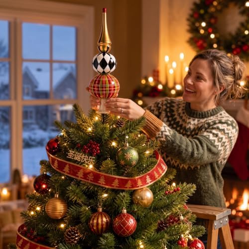 Gejoy Mercury Glass Christmas Finials Tree Topper Vintage Carnival Ornaments Spherical Blown Glass Xmas Tree Topper Finials Pliad Holiday Indoor Suitable for Party Decoration, 9.8inches - Image 3