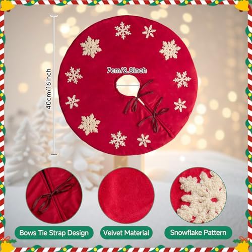 Lanpn Christmas Tree Skirt 16 inch, Velet Xmas Tree Skirt with Embroidery Snowflake Winter Christmas Tree Mat for Small mini Silm Pencil Tree Winter Holiday Indoor Xmas Decor (Red, 40cm) - Image 3