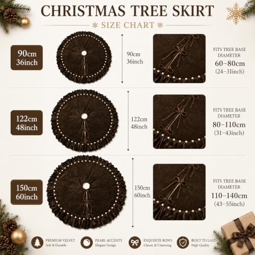 Dark Brown Velvet Christmas Tree Skirt, 48 Inch Christmas Tree Skirt with Ruffled Edge and Pearl Trim - Image 5