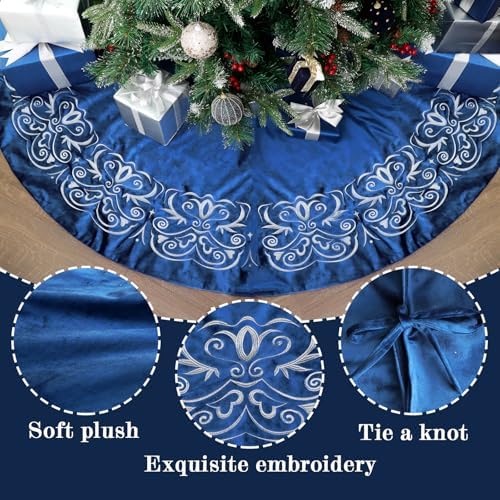 Bunny Chorus Christmas Tree Skirt, 72 inch Large Velvet Fur Plush Blue Tree Skirt, Xmas Tree Skirts with Silver Embroidered Wave Pattern for Merry Christmas Party Christmas Tree Decorations - Image 5