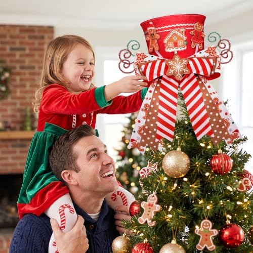 CiyvoLyeen Gingerbread Christmas Tree Topper Red Top Hat with Candy Cane - Image 6