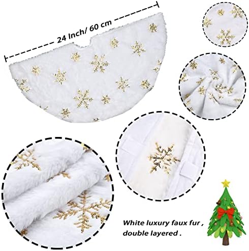 Faux Fur Christmas Tree Skirt,24 inches Luxury Tree Skirt with Gold Snowflake Sequin, Christmas Decorations Holiday Thick Plush Tree Xmas Ornaments???White and Gold,24 Inch??? - Image 2