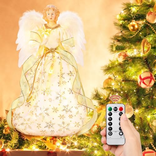 PEEKI Christmas Tree Topper, 15" Angel Treetop with Lights and Remote Control Timer, Christmas Tree Decoration for Holiday Ornament and Home Decor, Gold by PEEKI