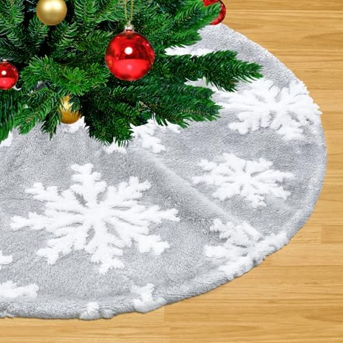 Grey White Tree Skirt Snowflakes Tree Skirts 36 Inch Large Christmas Tree Skirts Luxury Floor Mat for Xmas Tree Skirt Christmas Tree Decorations by LJIE-House