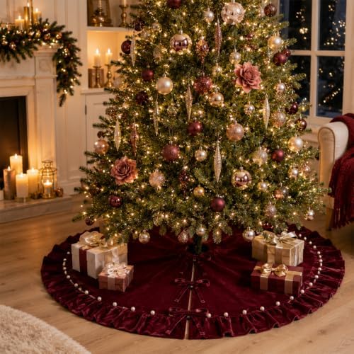59-Inch Burgundy Ruffled Velvet Christmas Tree Skirt with Pearl-Trimmed Pleated Edge and Bow Ties, Extra Large Round Xmas Tree Base Cover for Holiday Home and Party Decor, 150 cm - Image 4