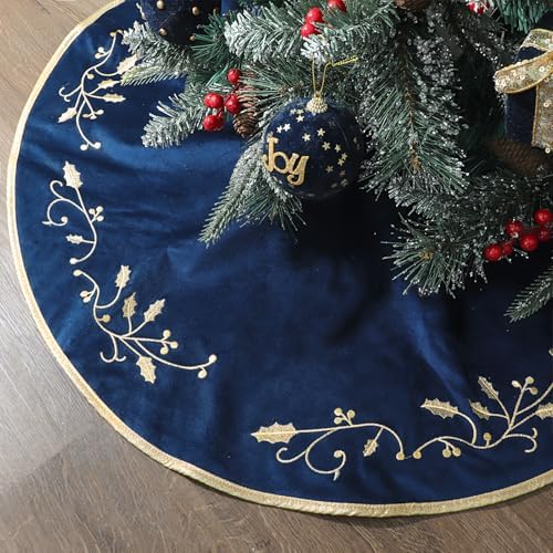 Bunny Chorus Christmas Tree Skirt, 36 inches Large Velvet Fur Plush Blue Tree Skirt, Xmas Tree Skirts with Gold Embroidered Holly Leaf for Merry Christmas Party Christmas Tree Decorations by Ivenf