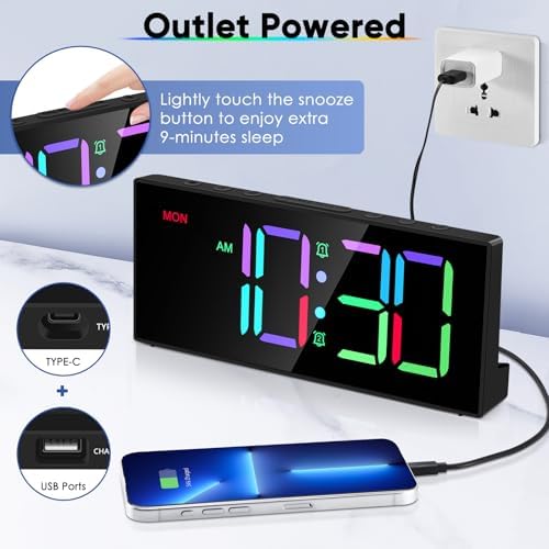 Tetino Alarm Clock for Heavy Sleepers, Digital Clocks with Adjustable Volume Brightness,Snooze,Battery Backup, Large Numbers Display RGB Colorful Changing Clock for Bedrooms,Office Living Rooms - Image 6