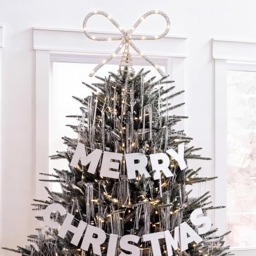 Retisee 9.8 Inch Bow Christmas Tree Topper LED Rhinestone Decor, Silver - Image 5