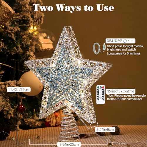 Lewondr Lighted Christmas Star Tree Topper with Remote & Timer, Blue&Silver - Image 4