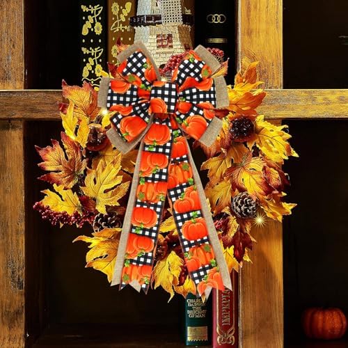 2 Pcs Fall Bows for Wreaths Decorations,Fall Tree Topper Bow,Thanksgiving Bow with Orange Pumpkin Buffalo Plaid Burlap for Halloween Autumn Home Front Door Outdoor - Image 5