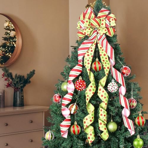 Christmas Tree Topper Wreath Bow Large Green Christmas Bow Tree Topper with Red Green Dot Patterned Gift Bows for Xmas Ornament Holiday Home Thanksgiving Indoor/Outdoor Decoration 52"x13" - Image 5