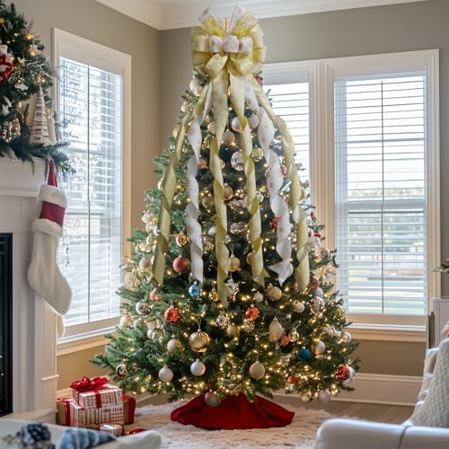 Large Christmas Tree Topper Bow 52x13 Inch, Pre-Tied Wired Wreath Ribbon - Image 7
