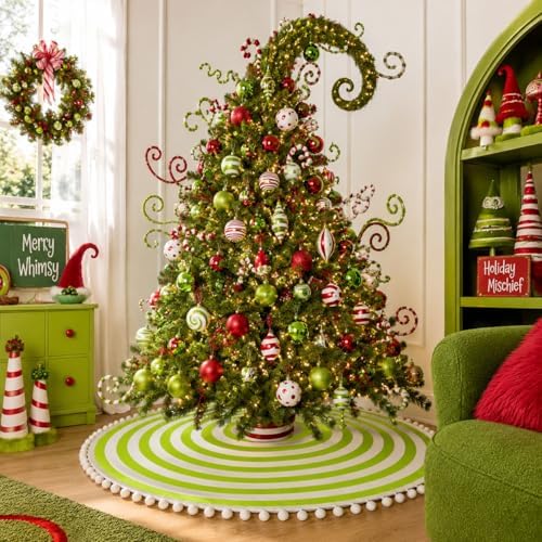 30 Inch Green and White Christmas Tree Skirt with Pom Poms - Image 2