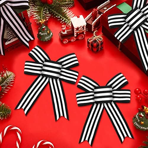 12 Pieces Christmas Black White Stripe Tree Topper Bows Christmas Burlap Bows Halloween Wreath Bow Craft for Tree Gift Wrapping Wall Home Front Door Decor - Image 2