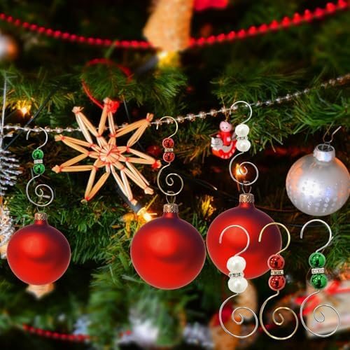 Furimuk 30 Pcs Christmas Ornament Hooks Hangers- Red Green White Jewels Beads, Silver & Gold Wire Hangers with Lobster Claws for Stockings & Balls Xmas Christmas Tree Decoration - Image 5