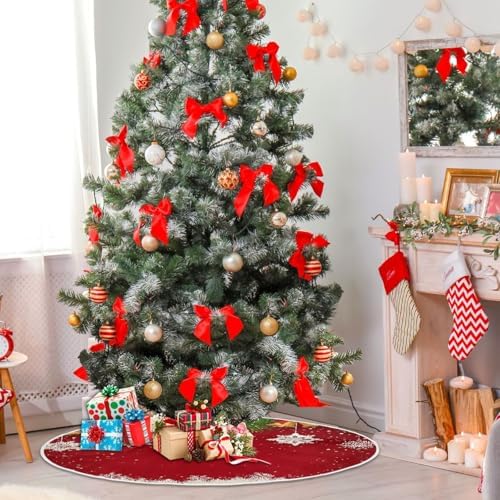 Bells Snowflake Red Christmas Tree Skirt Large Xmas Tree Skirts Decorations 48 in Burlap Tree Mat Cover for 4 ft Trees Holiday Party - Image 6