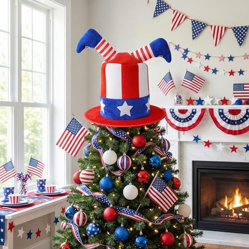 codree 4th of July Patriotic Tree Topper Hat, Independence Day Elf Top Hat Trees Decoration, Red White Blue Velvet Hat Tree Topper for Memorial Day 250th Anniversary Home Party Decor - Image 4