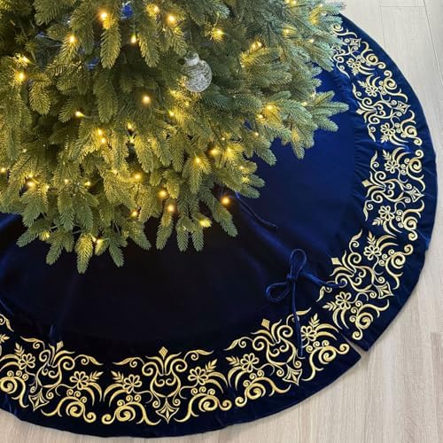 72-Inch Victorian Velvet Christmas Tree Skirt with Gold Damask Embroidery and Plush Lace Ties, Royal Blue by StarryDynamo