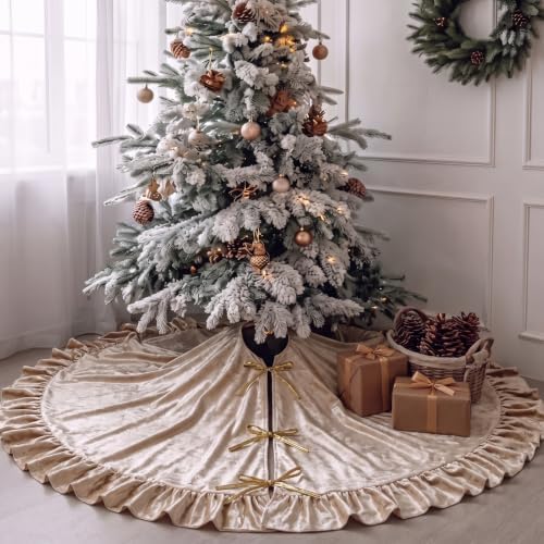 Velvet Christmas Tree Skirt, 60 Inches, Bow Style, Khaki - Image 5