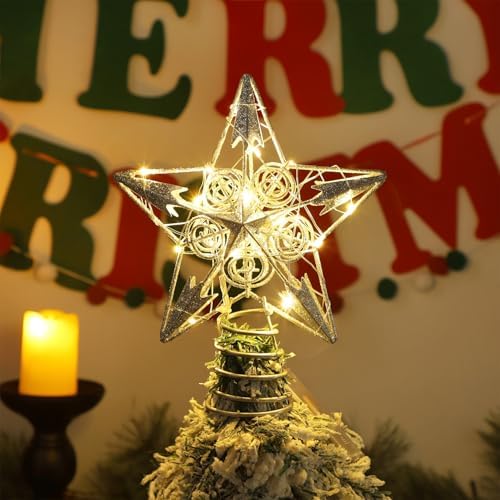 Juegoal Star Tree Topper with 20 LED Lights, Metal Silver Lighted Treetop Ornaments, Battery Powered Light Up Christmas Tree Decorations, 6.5 x 6.5 Inches - Image 4