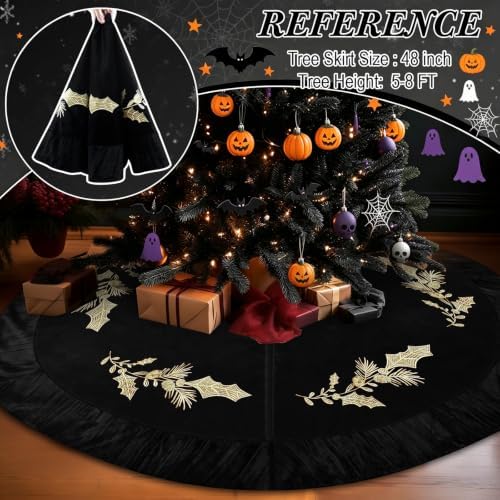 48 Inches Velvet Halloween Tree Skirt Black Luxury Xmas Gold Fur Plush Skirts with Gold Embroidered Holly for Halloween Merry Christmas Party Rustic Vintage Holiday Home Winter Decorations - Image 4