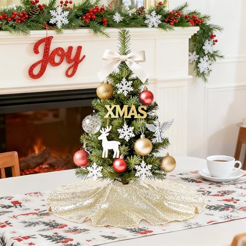 24 Inch Christmas Tree Skirt Light Gold Sequin Fabric Christmas Trees Mat - Image 3